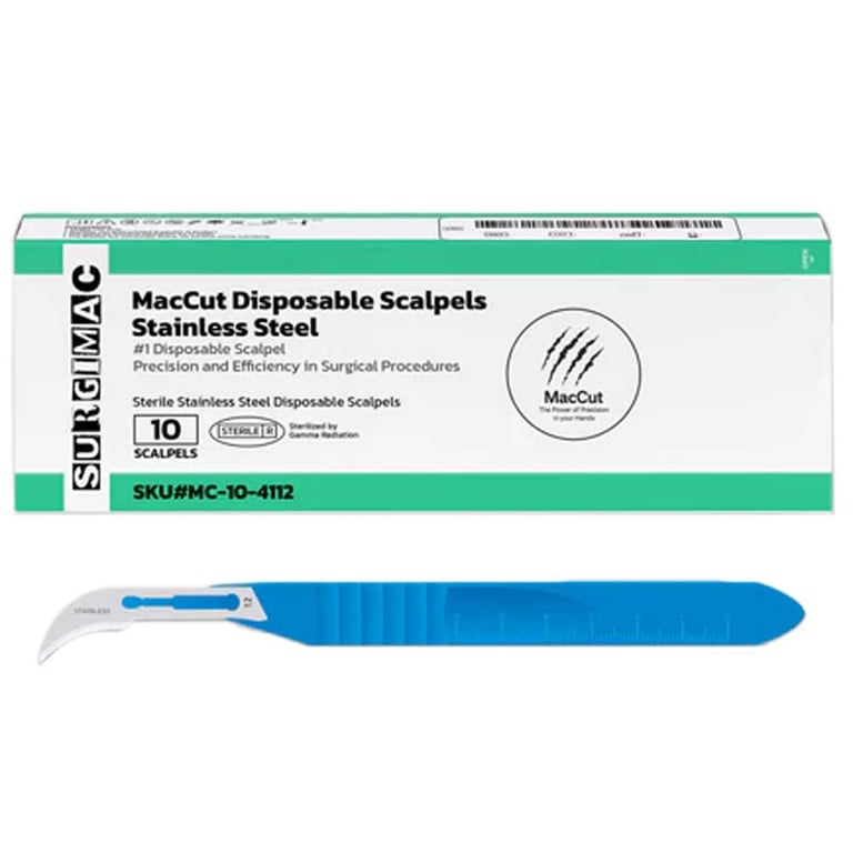 MacCut #12 Sterile Stainless Steel Surgical Scalpel Blade, Plastic Handle, 10/Pk