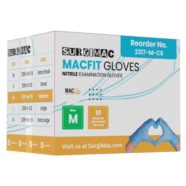 MacFit Nitrile Powder Free Exam Glove, Medium, Blue, Case of 10 x 300/Bx. Delivers a durable