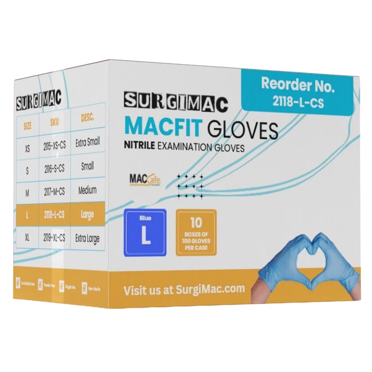 MacFit Nitrile Powder Free Exam Gloves, Large, Blue, Case of 10 x 100/Box. Delivers a dependable