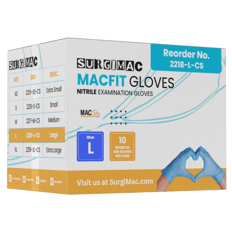 MacFit Nitrile Powder Free Exam Gloves, Large, Blue, Case of 10 x 200/Box. Provides a chemo-tested