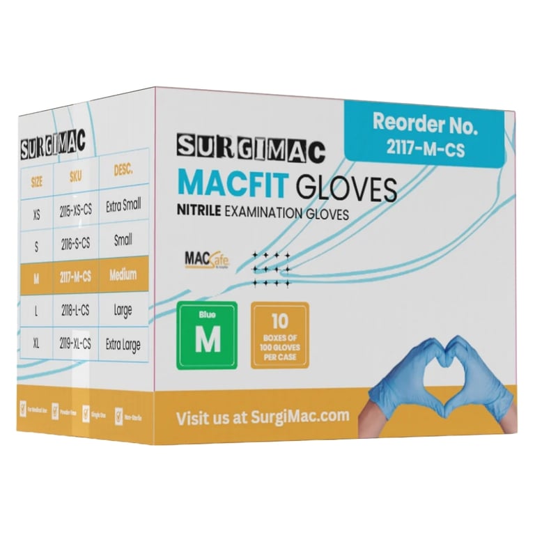 MacFit Nitrile Powder Free Exam Gloves, Medium, Blue, Case of 10 x 100/Box. Delivers a dependable