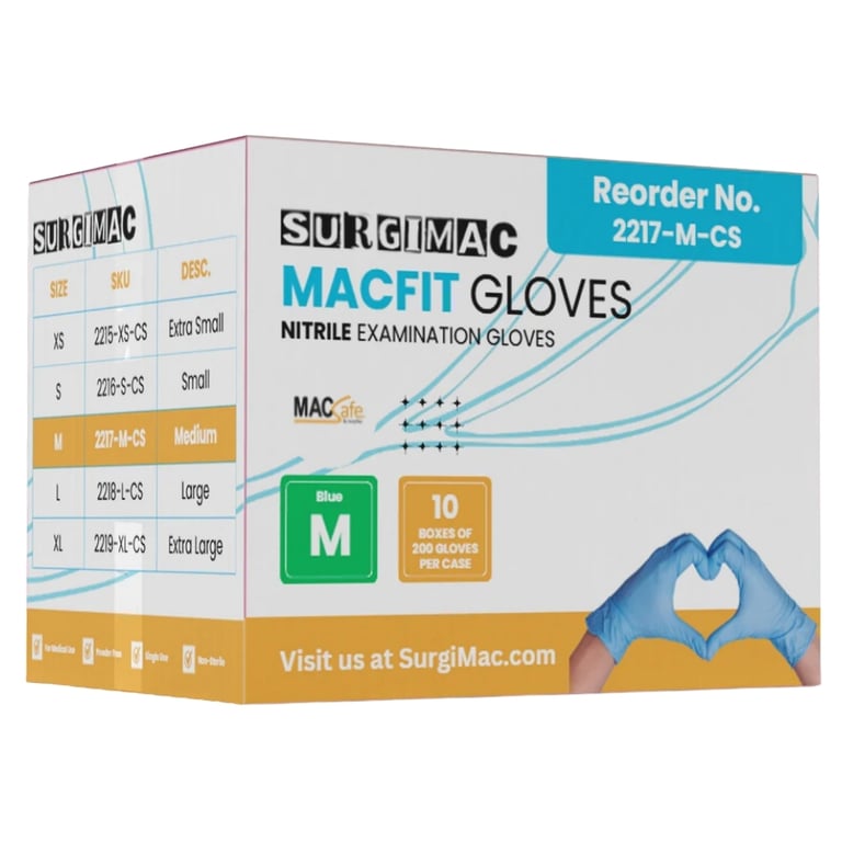 MacFit Nitrile Powder Free Exam Gloves, Medium, Blue, Case of 10 x 200/Box. Provides