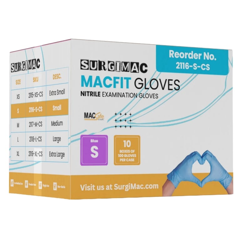 MacFit Nitrile Powder Free Exam Gloves, Small, Blue, Case of 10 x 100/Box. Delivers a dependable
