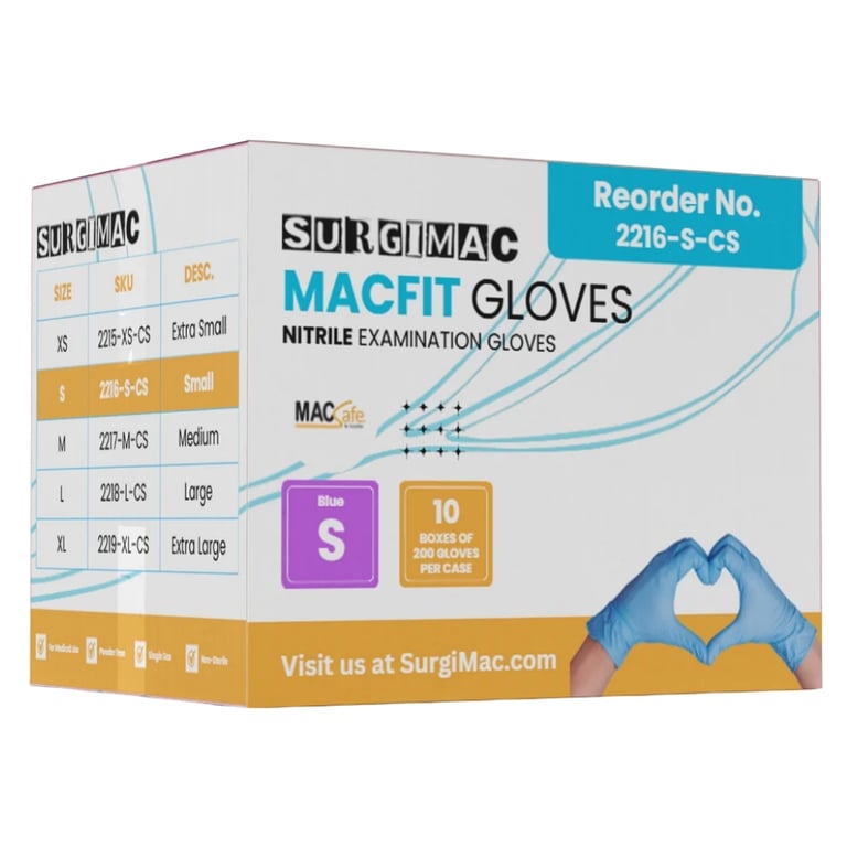 MacFit Nitrile Powder Free Exam Gloves, Small, Blue, Case of 10 x 200/Box. Provides a chemo-tested