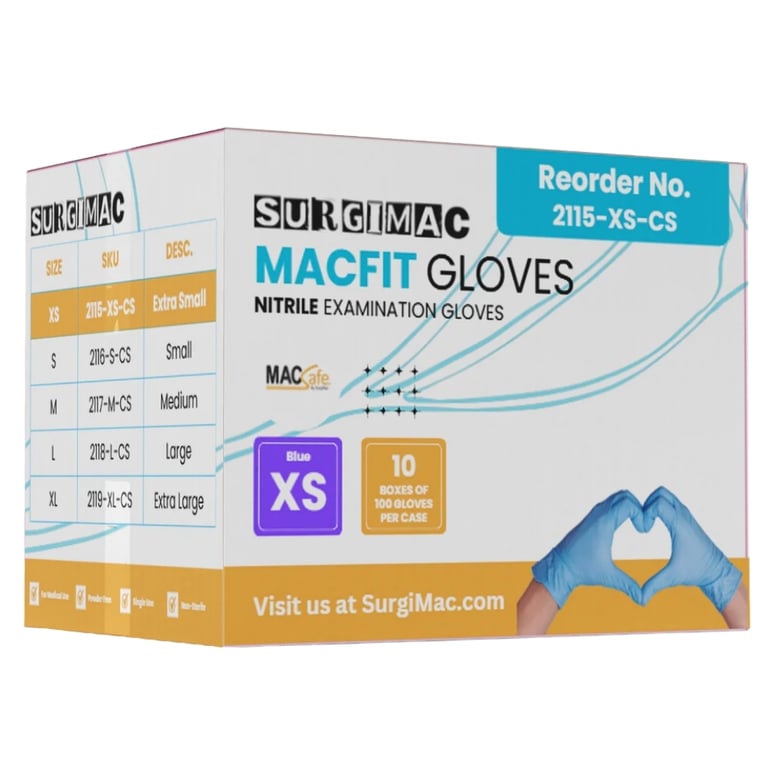 MacFit Nitrile Powder Free Exam Gloves, X-Small, Blue, Case of 10 x 100/Box. Delivers