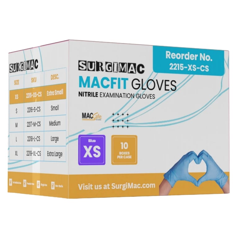 MacFit Nitrile Powder Free Exam Gloves, X-Small, Blue, Case of 10 x 200/Box. Provides