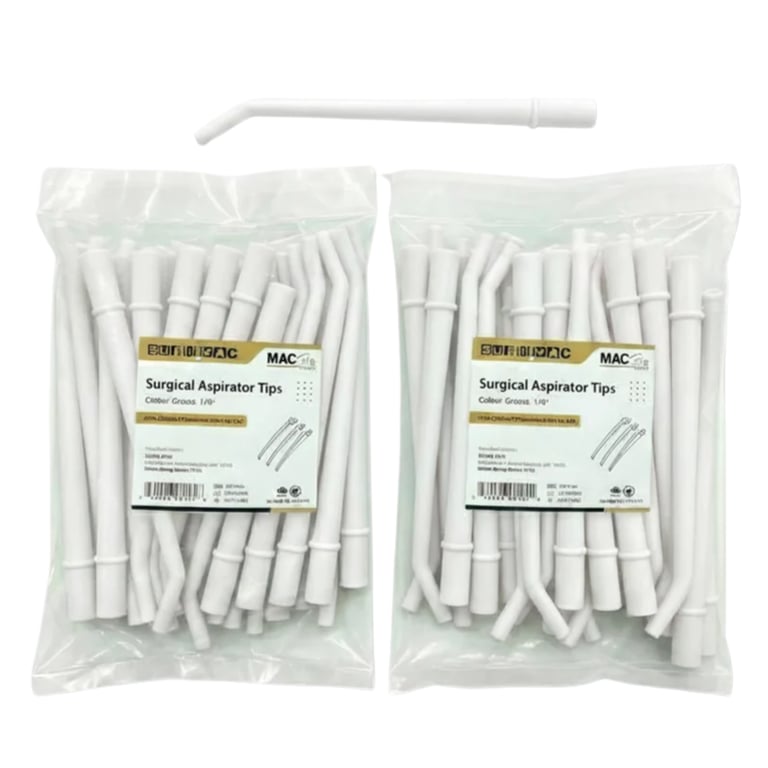 MacSafe 1/8" Surgical Aspirating Tip, White, 25/Bag, Case of 50. Clears blood and irrigant
