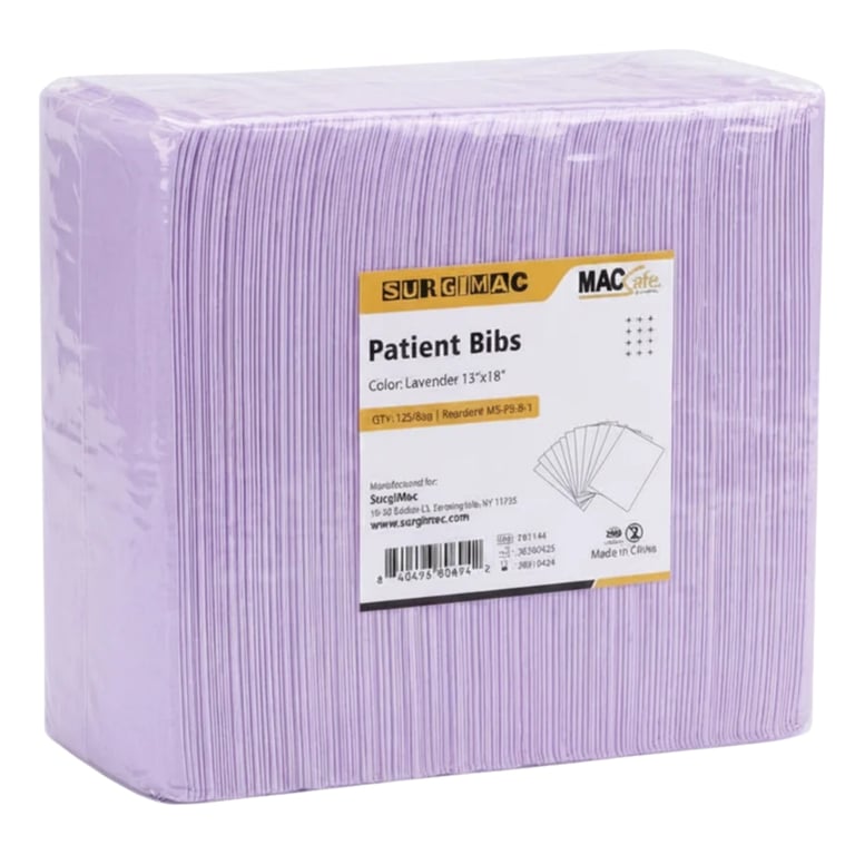 MacSafe 13" x 18" 2-Ply Paper/1-Ply Poly Patient Bib, Lavender, 125/Pk. Absorbs at the paper face
