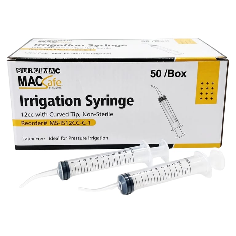MacSafe #412 12cc Irrigation Syringe, Curved Tip, Non-Sterile, 50/Bx. Flushes a socket or a wound