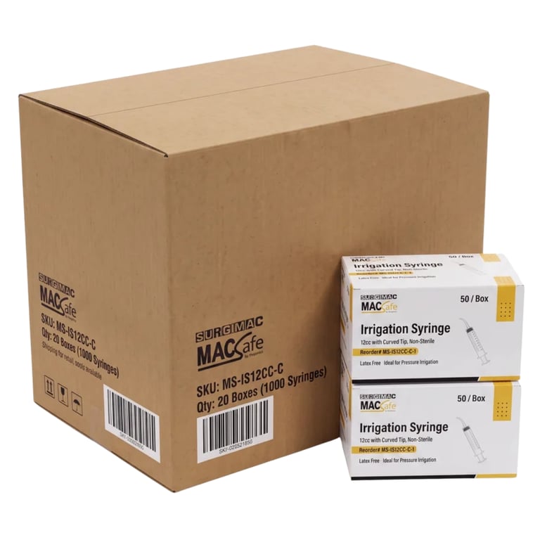 MacSafe #412 12cc Irrigation Syringe, Curved Tip, Non-Sterile, 50/Bx, Case of 20. Flushes a socket