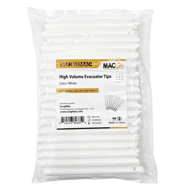 MacSafe High Volume Evacuator Tip, White, 100/Bag. Draws bulk fluid and debris out of the field