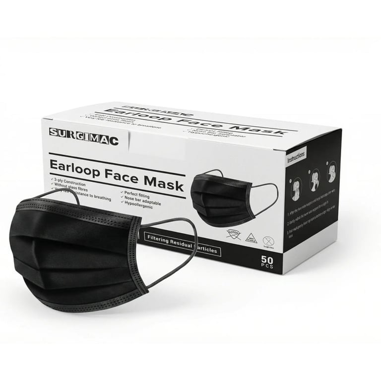 MacSafe ASTM Level 1 Ear-Loop Procedure Mask, BFE/PFE ≥ 98%, Black, 50/Pk. Designed