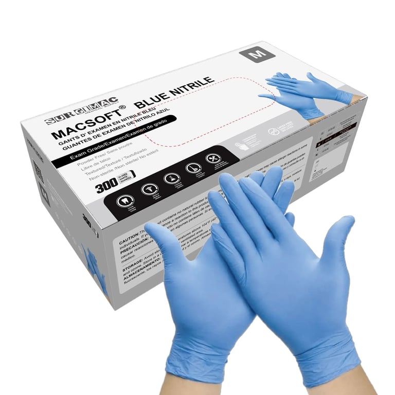 MacSoft Powder-Free Nitrile Exam Glove, Blue, Medium, 300/Box. Textured fingertips, latex-free