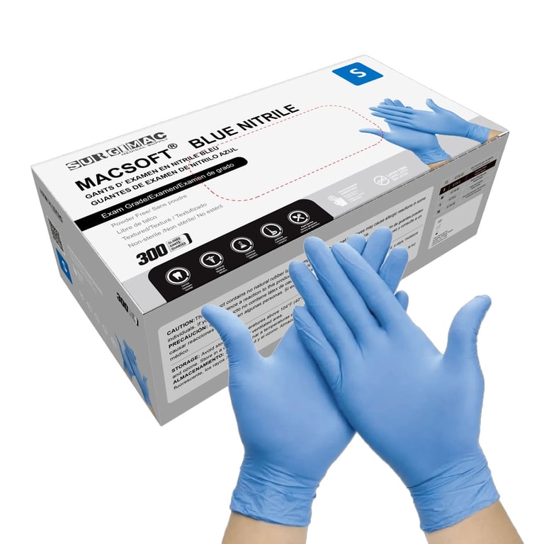 MacSoft Powder-Free Nitrile Exam Glove, Blue, Small, 300/Box. Textured fingertips, latex-free