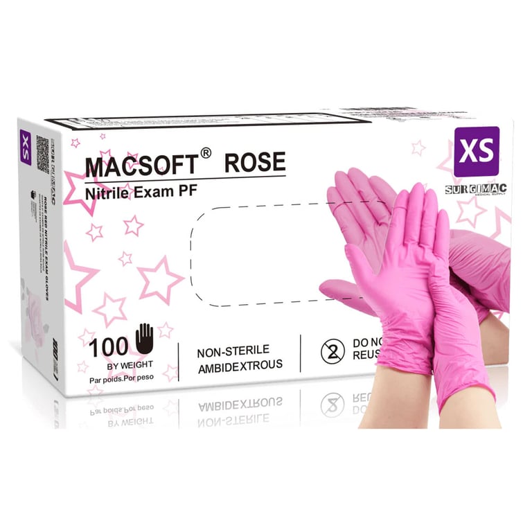 MacSoft Powder-Free Nitrile Exam Glove, Rose Pink, Extra Small, 100/Box. Textured fingertips