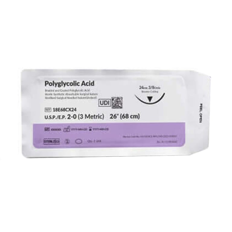 MacSuture 2-0 PGA Undyed Braided Suture, 26" with 24mm 3/8 Circle Reverse Cutting Needle, 12/Box