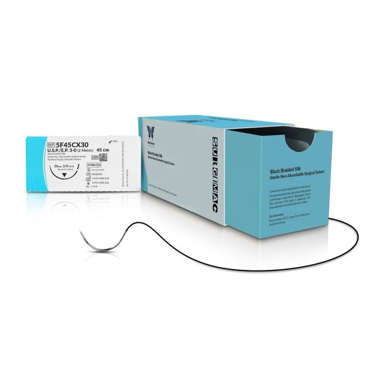 MacSuture 3/0, 18" Silk Black Braided Suture, 3/8 Circle Reverse Cutting 30mm, 12/Box. Sterile