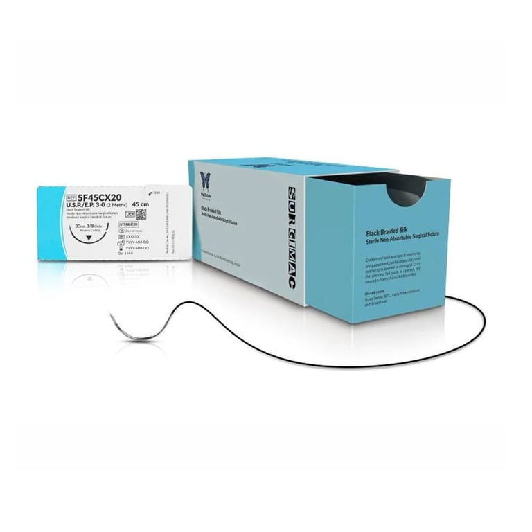 MacSuture 3/0, 18" Silk Black Braided Suture with C-31 Needle, 12/Box. Reverse cutting. Sterile