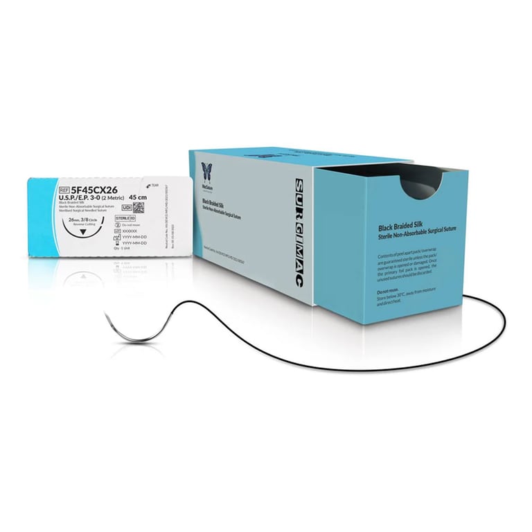 MacSuture 3/0, 18" Silk Black Braided Suture with C-6 Needle, 12/Box. Reverse cutting. Sterile