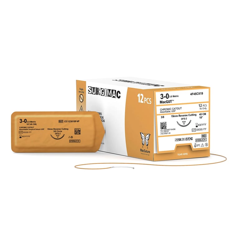 MacSuture 3-0, 18" Chromic Catgut Absorbable Suture, 19mm C-6 Reverse-Cutting Needle (3-8 Circle)