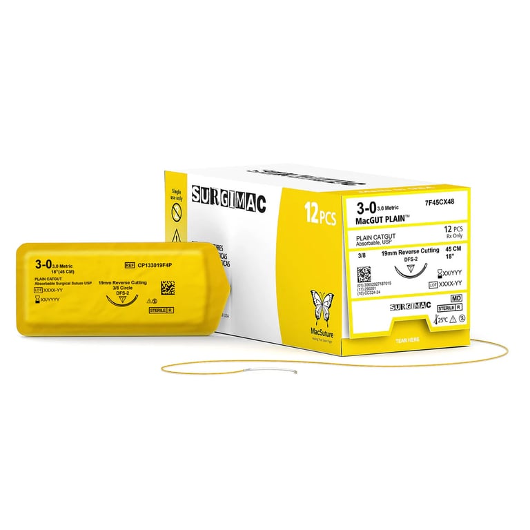 MacSuture 3-0, 18" Absorbable Plain Catgut Suture, 19mm C-6 Reverse-Cutting Needle