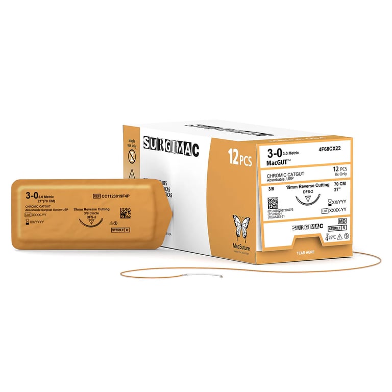 MacSuture 3-0, 27" Chromic Catgut Absorbable Suture, 19mm C-6 Reverse-Cutting Needle (3-8 Circle)