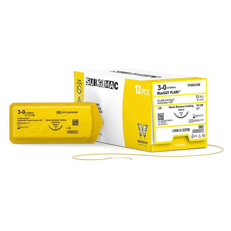 MacSuture 3-0, 27" Absorbable Plain Catgut Suture, 19mm C-6 Reverse-Cutting Needle (3/8 Circle)
