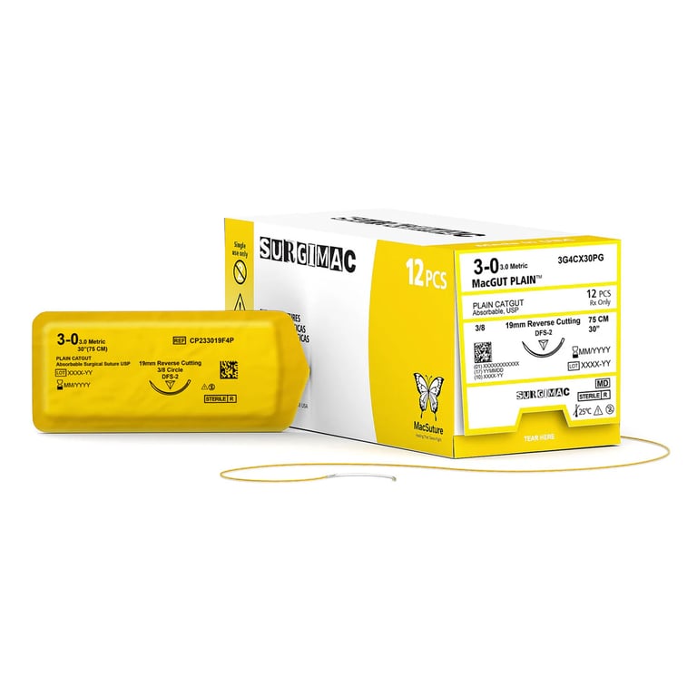 MacSuture 3-0, 30" Absorbable Plain Catgut Suture, 19mm C-6 Reverse-Cutting Needle (3/8 Circle)