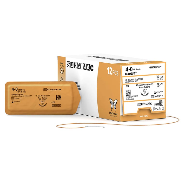 MacSuture 4-0, 13" Chromic Catgut Absorbable Suture, 13mm Needle (3-8 Circle), 12/Box. Precision