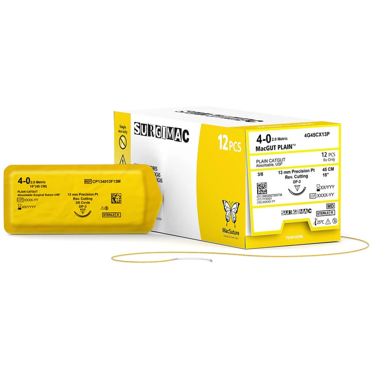 MacSuture 4-0, 13" Absorbable Plain Catgut Suture, 13mm C-3 Needle (3/8 Circle), 12/Box. Precision