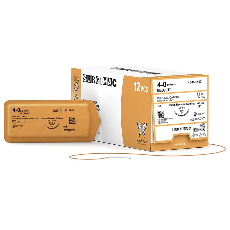 MacSuture 4-0, 18" Chromic Catgut Absorbable Suture, 19mm C-6 Reverse-Cutting Needle (3-8 Circle)
