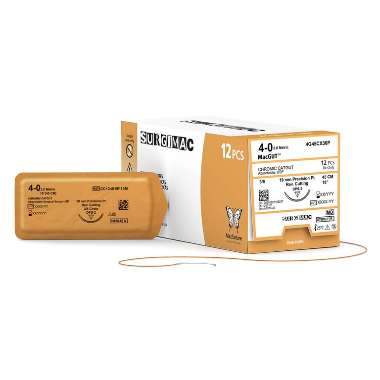 MacSuture 4-0, 18" Chromic Catgut Absorbable Suture, 19mm Needle (3-8 Circle), 12/Box. Precision