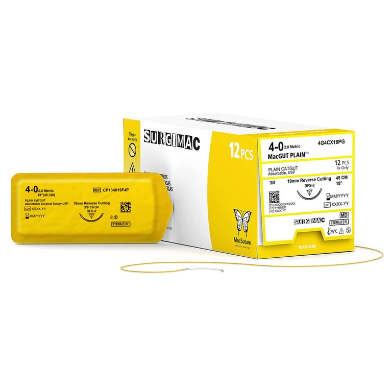 MacSuture 4-0, 18" Absorbable Plain Catgut Suture, 19mm C-6 Reverse-Cutting Needle (3/8 Circle)