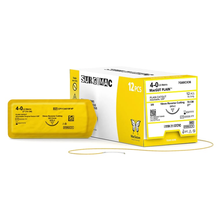 MacSuture 4-0, 27" Absorbable Plain Catgut Suture, 19mm C-6 Reverse-Cutting Needle (3/8 Circle)
