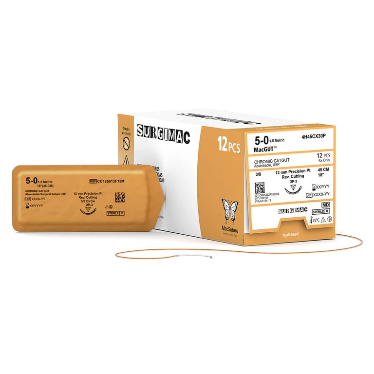 MacSuture 5-0, 18" Chromic Catgut Absorbable Suture, 13mm C-3 Needle (3-8 Circle), 12/Box
