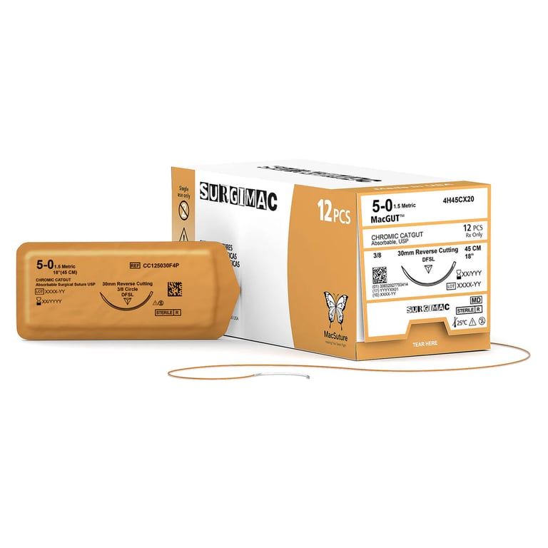 MacSuture 5-0, 18" Chromic Catgut Absorbable Suture, 30mm C-16 Reverse-Cutting Needle