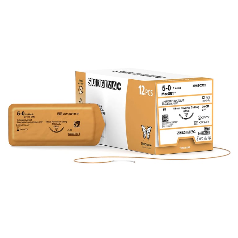 MacSuture 5-0, 27" Chromic Catgut Absorbable Suture, 19mm C-6 Reverse-Cutting Needle (3-8 Circle)