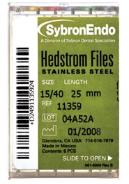 SybronEndo #15, 25mm Hedstrom Files 6/Box. Stainless Steel