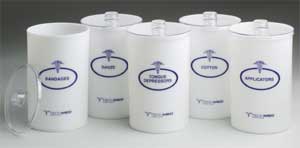 Tech-Med Opaque Plastic Sundry Jars With Blue Imprint and Plastic Lids, 6 1/2"Height x 4