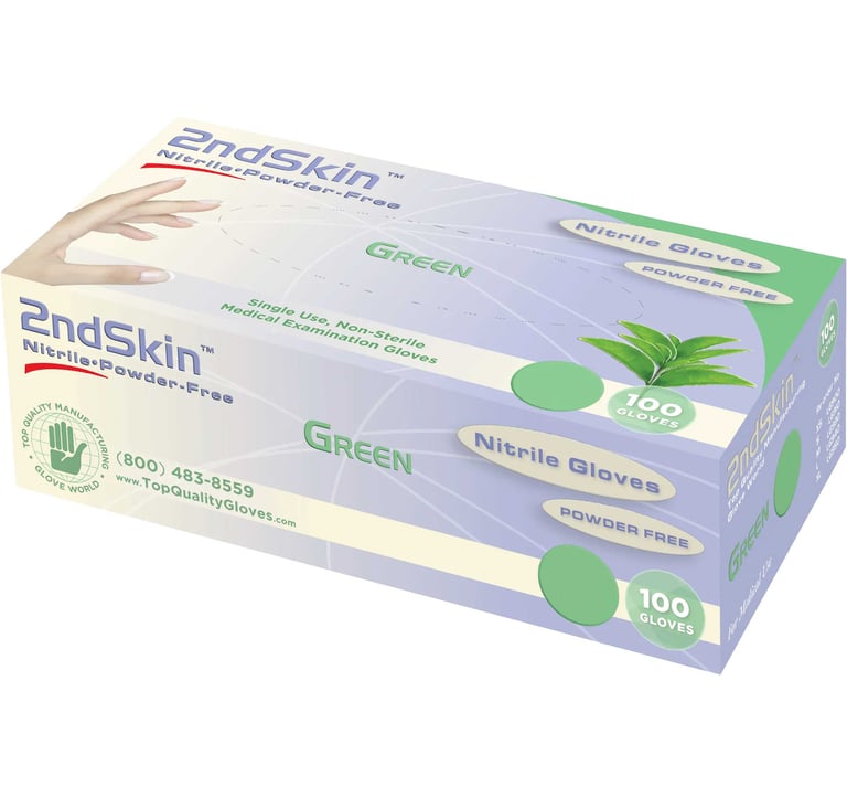 2ndSkin Nitrile Exam Gloves, Powder Free, X-Large, Green, 100/Box, Case of 10. BPA (Bisphenol A)