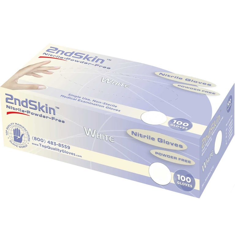 2ndSkin Nitrile Exam Gloves, Powder Free, X-Large, White, 100/Box, Case of 10. BPA (Bisphenol A)
