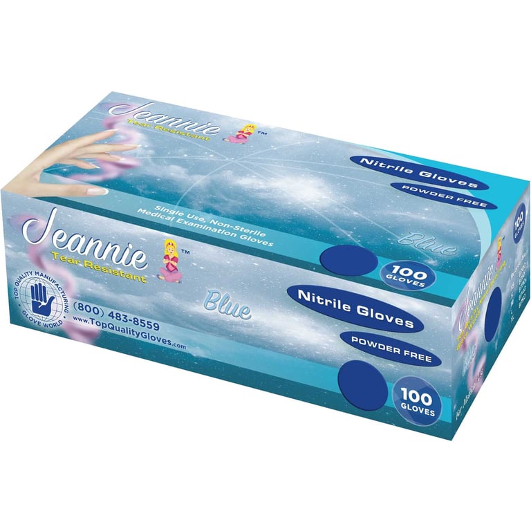 Jeannie Nitrile Exam Gloves, Powder Free, X-Large, Blue, 100/Box, Case of 10. BPA (Bisphenol A)