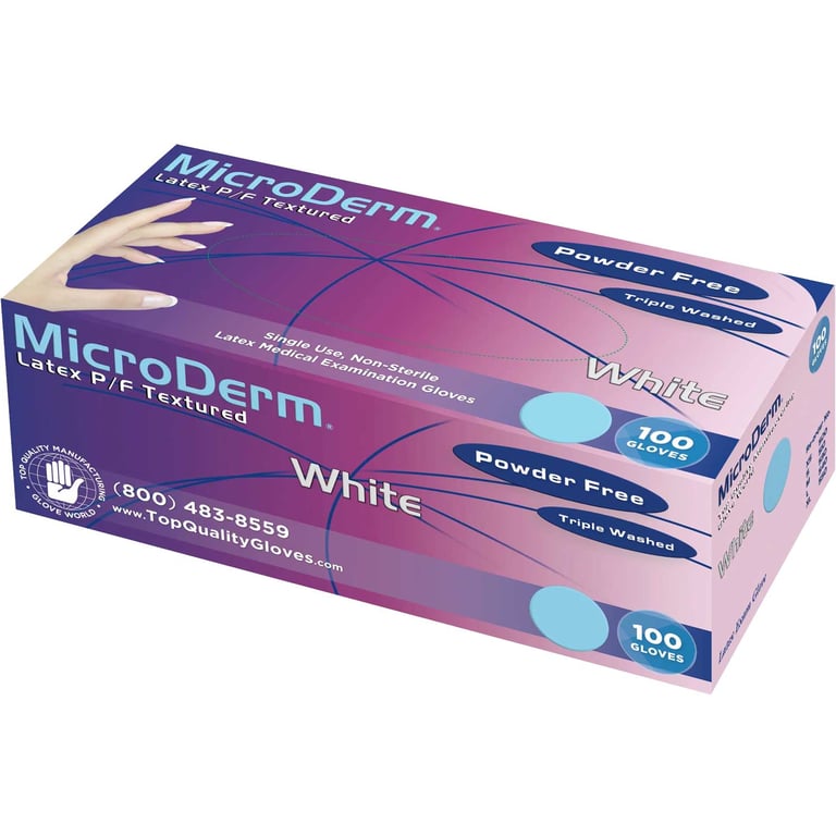 MicroDerm Natural Latex Exam Gloves, Powder Free, Medium, White, 100/Box, Case of 10