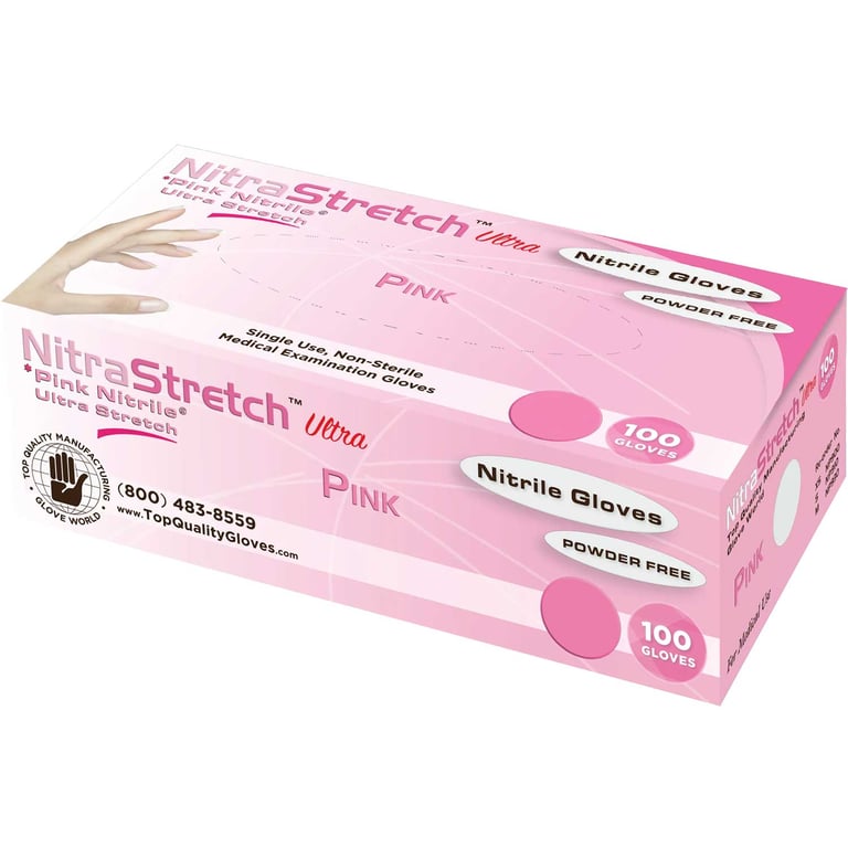 NitraStretch Nitrile Exam Gloves, Powder Free, Small, Pink, 100/Box. BPA (Bisphenol A) free