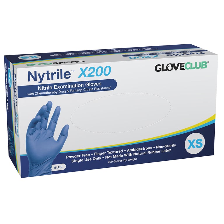 Glove Club Nytrile X200 Powder Free Exam Gloves, X-Small, Blue, 200/Pk, Case of 10. Non-sterile