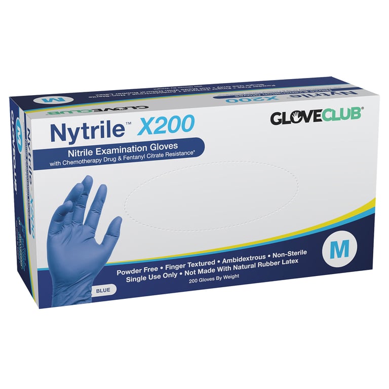 Glove Club Nytrile X200 Powder Free Exam Gloves, Medium, Blue, 200/Pk, Case of 10. Non-sterile