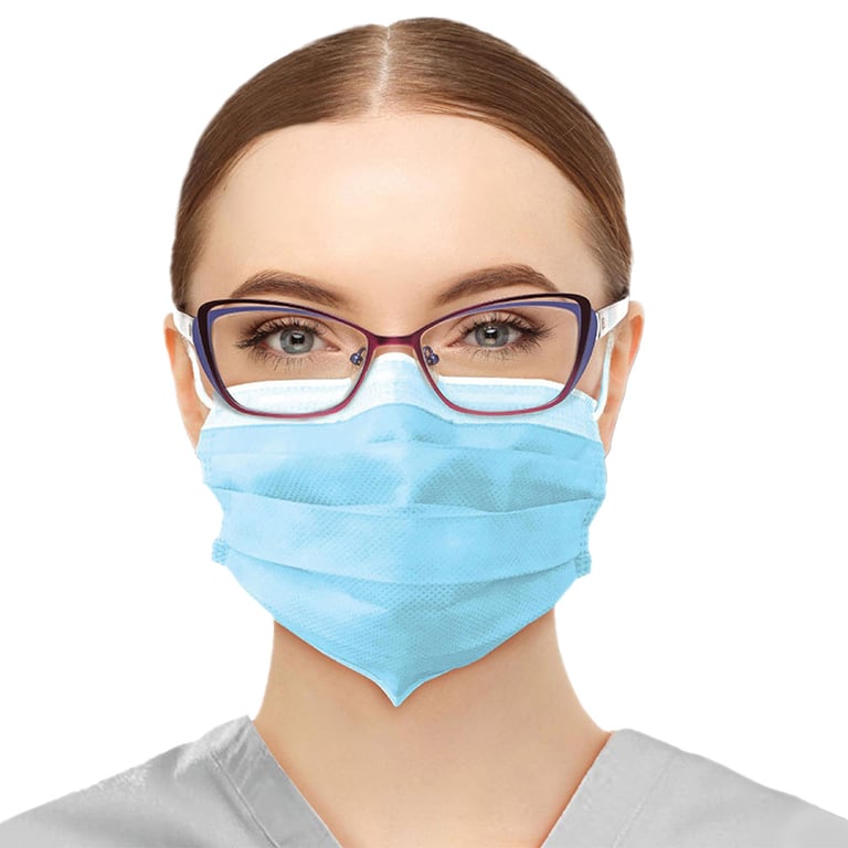 Top Quality Manufacturing 4-Ply ASTM 3, Fog Free Earloop Face Mask, Blue, 40/Box. Extra soft