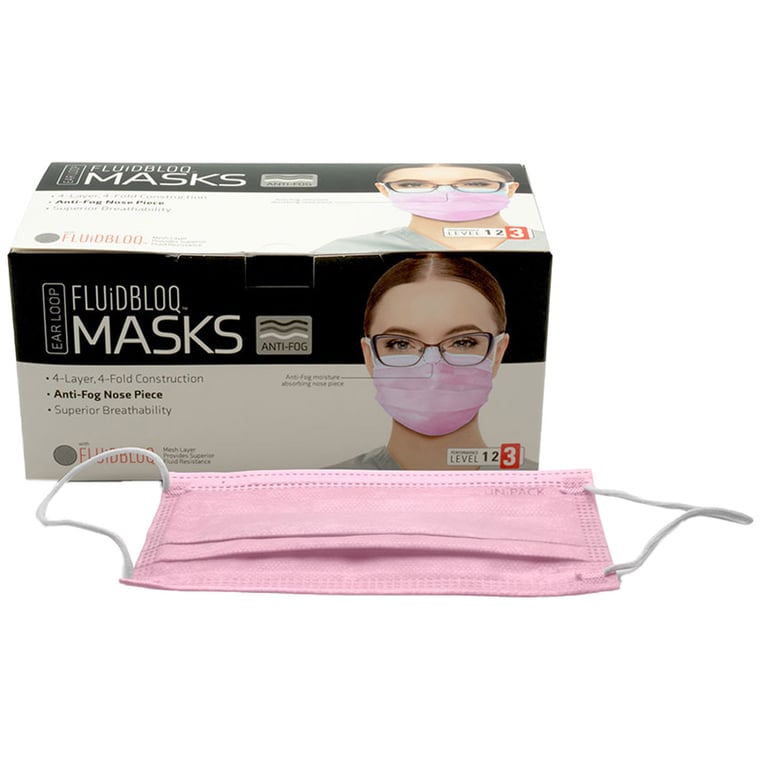 Top Quality Manufacturing FLUiDBLOQ 4-Ply ASTM 3 Earloop Face Mask, Pink, 50/Box. Fluid resistant