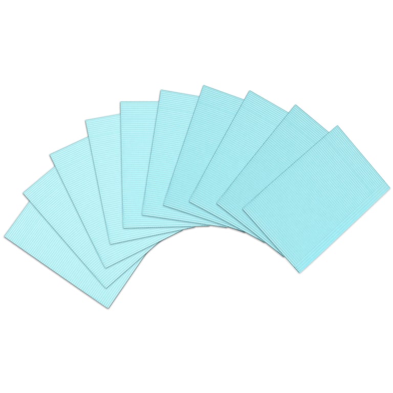 Top Quality Manufacturing 2-Ply Paper/ 1-Ply Poly Bibs, 13" x 18", Blue, 500/Case. Provides
