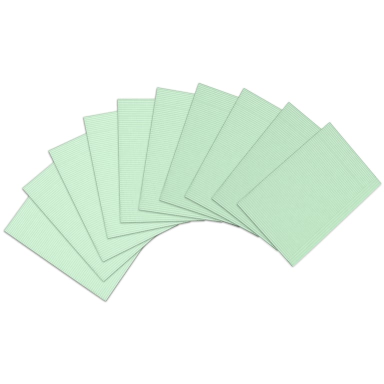 Top Quality Manufacturing 2-Ply Paper/ 1-Ply Poly Bibs, 13" x 18", Green, 500/Case. Provides